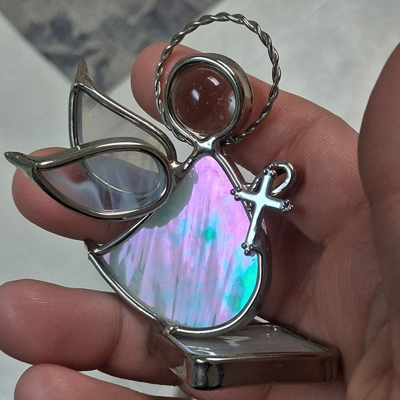 VTG Signed Stained Glass Angel Christmas Figurine 2000 Iridescent Halo Cross Art - Picture 2 of 13